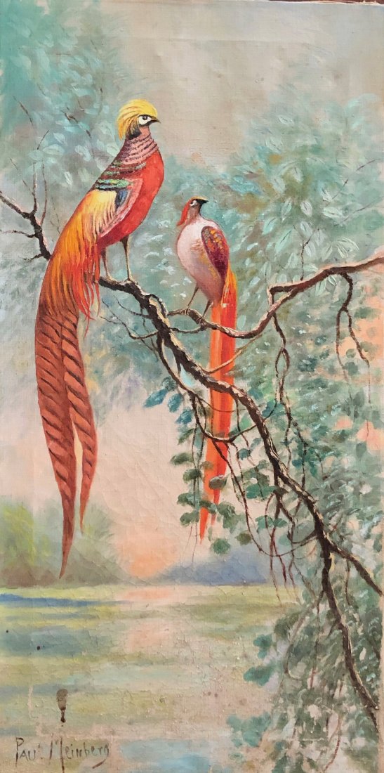 PAUL MEINBERG (1897-1977, Philadelphia) Tropical Birds: Oil on canvas 30 x 15 in. Paul Meinberg was born in Germany in 1894. He survived imprisonment in a concentration camp and moved his family to America in 1941. He lived in the Philadelphia area, where 