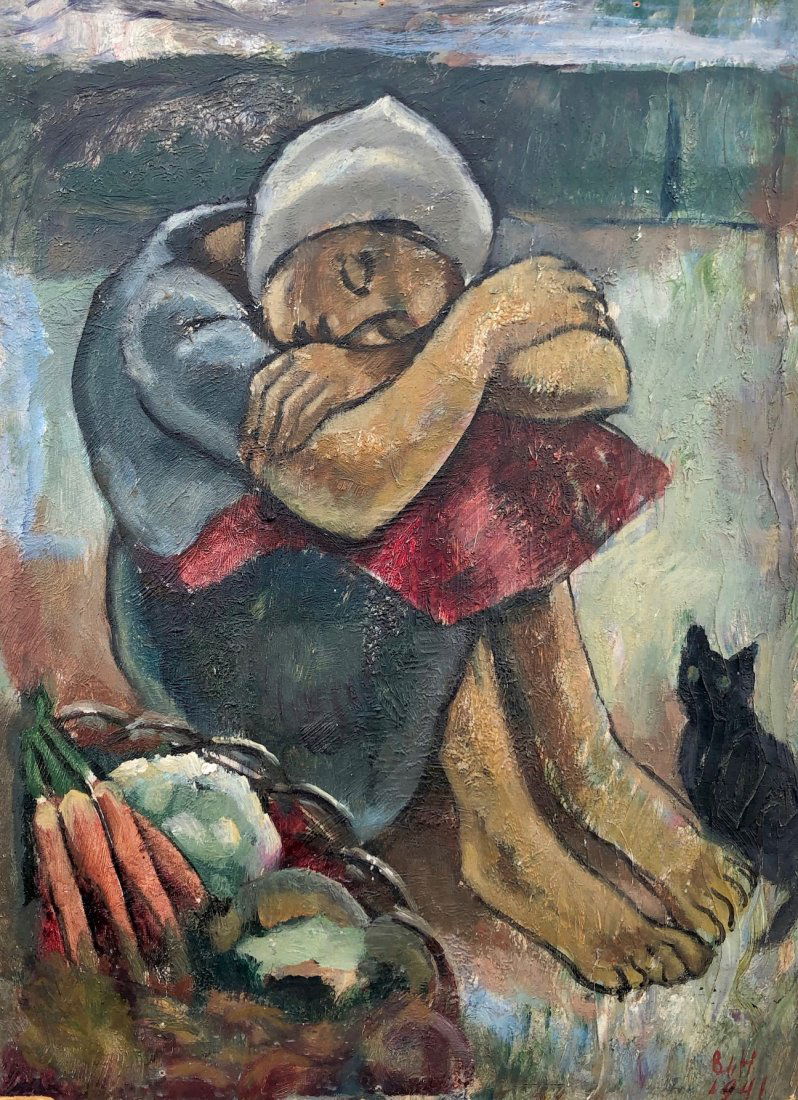 BERTHA DE HELLEBRANTH (20th c, American) Woman w/ Cat (1 of 4)
