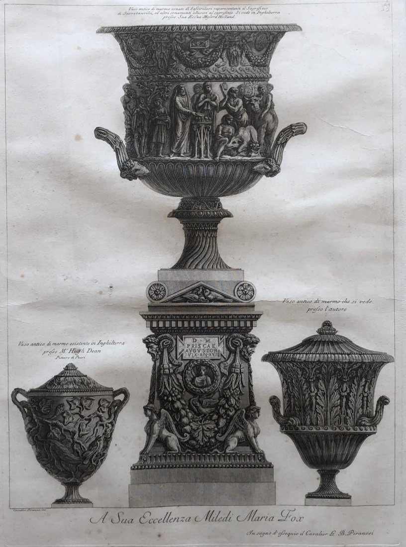 GIOVANNI BATTISTA PIRANESI (1720-1778) URNS: Engraving. 21 x 15 in. (plate), 36 x 28 1/2 in. (framed). Giovanni Battista Piranesi (1720-1778)He was a major Italian printmaker, architect and antiquarian. The son of a Venetian master builder, he s
