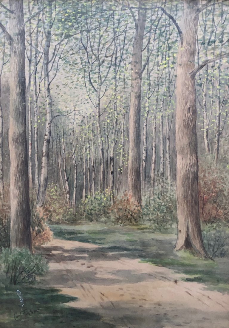 CARL FISHER Forest Landscape, Watercolor: Watercolor on paper. Nice heavy wood frame. 22 x 16 in. (sight), 27 1/2 x 21 1/2 in. (framed)