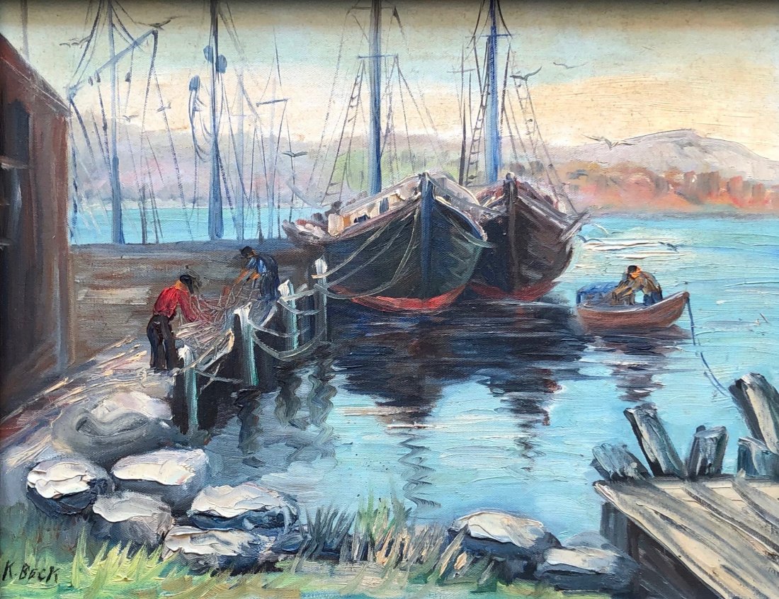 Impressionist Scene Of Fisherman In The Harbor, Signed: Oil on canvas 18 1/2 x 14 in.