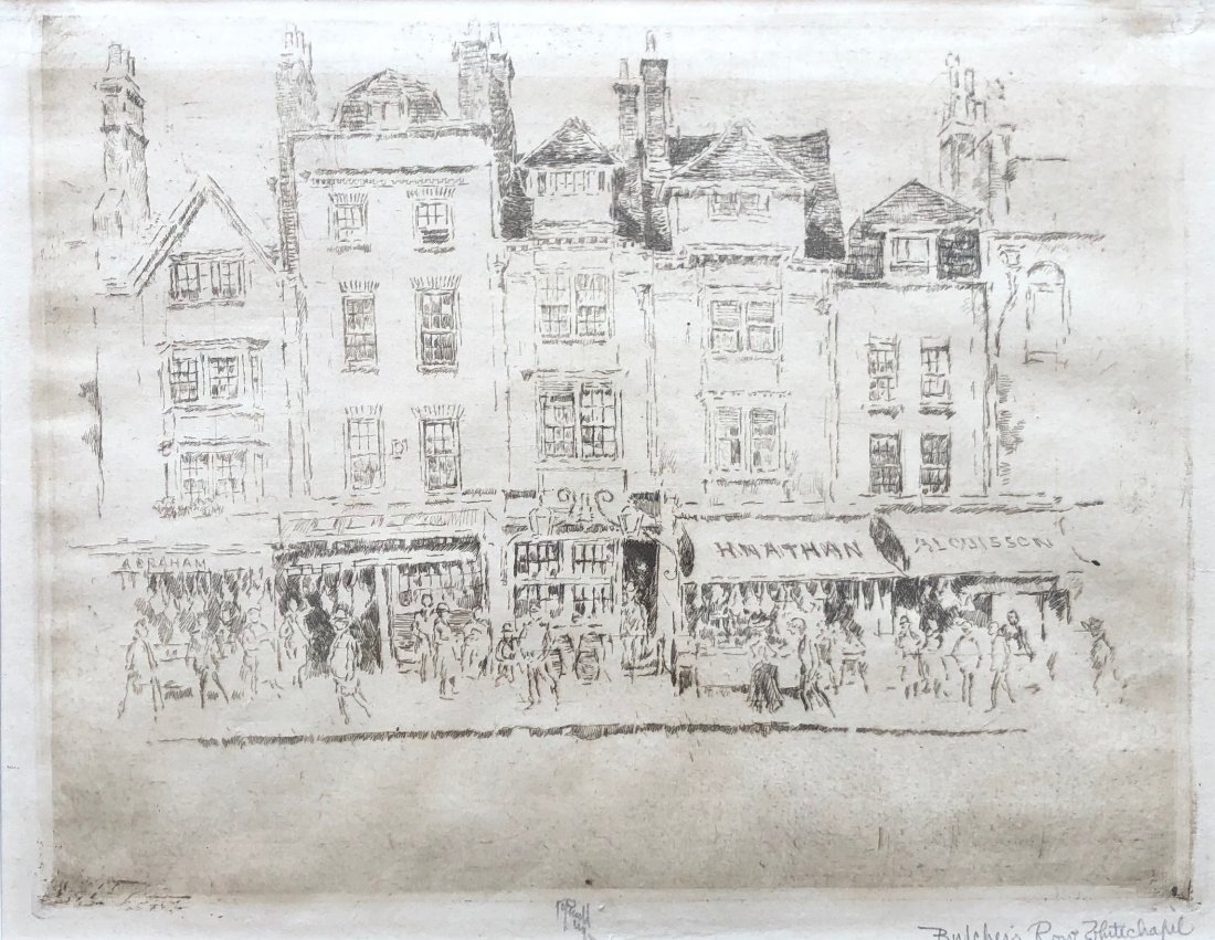 JOSEPH PENNELL (1857 - 1926) Butcher's Row Whitechapel: Pencil signed etching 10 x 8 in. (plate), 15 1/2 x 13 1/2 in. (framed). From askart.com: Born in Philadelphia, Pennsylvania, Joseph Pennell became best known for his illustrations and etchings, a proc