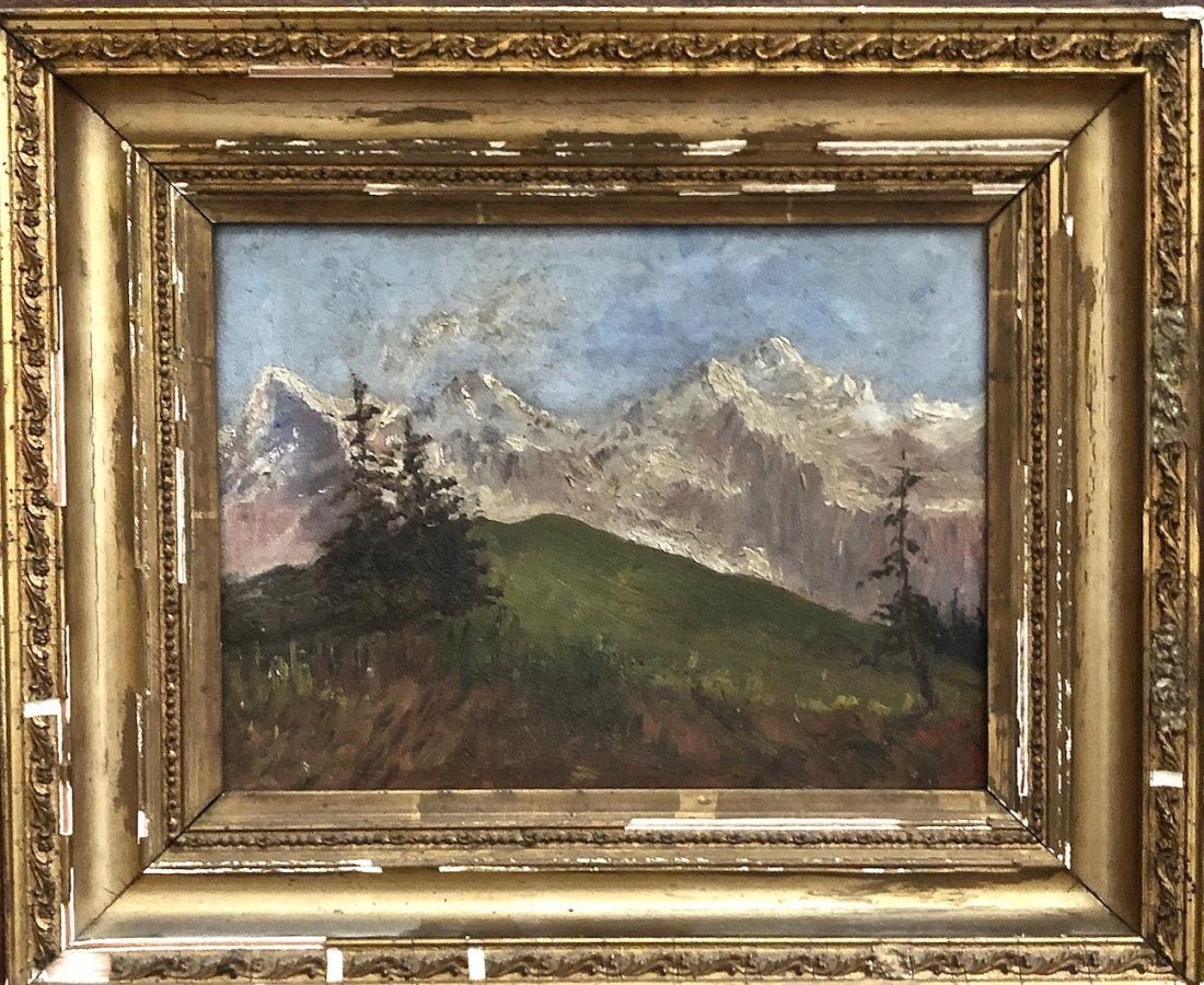 19th c. American Impressionist Rocky Mountain Landscape: Illegible signature. Possibly EH or EvH. Oil on canvas 9 1/2 x 7 in., 13 1/4 x 11 in. (framed)