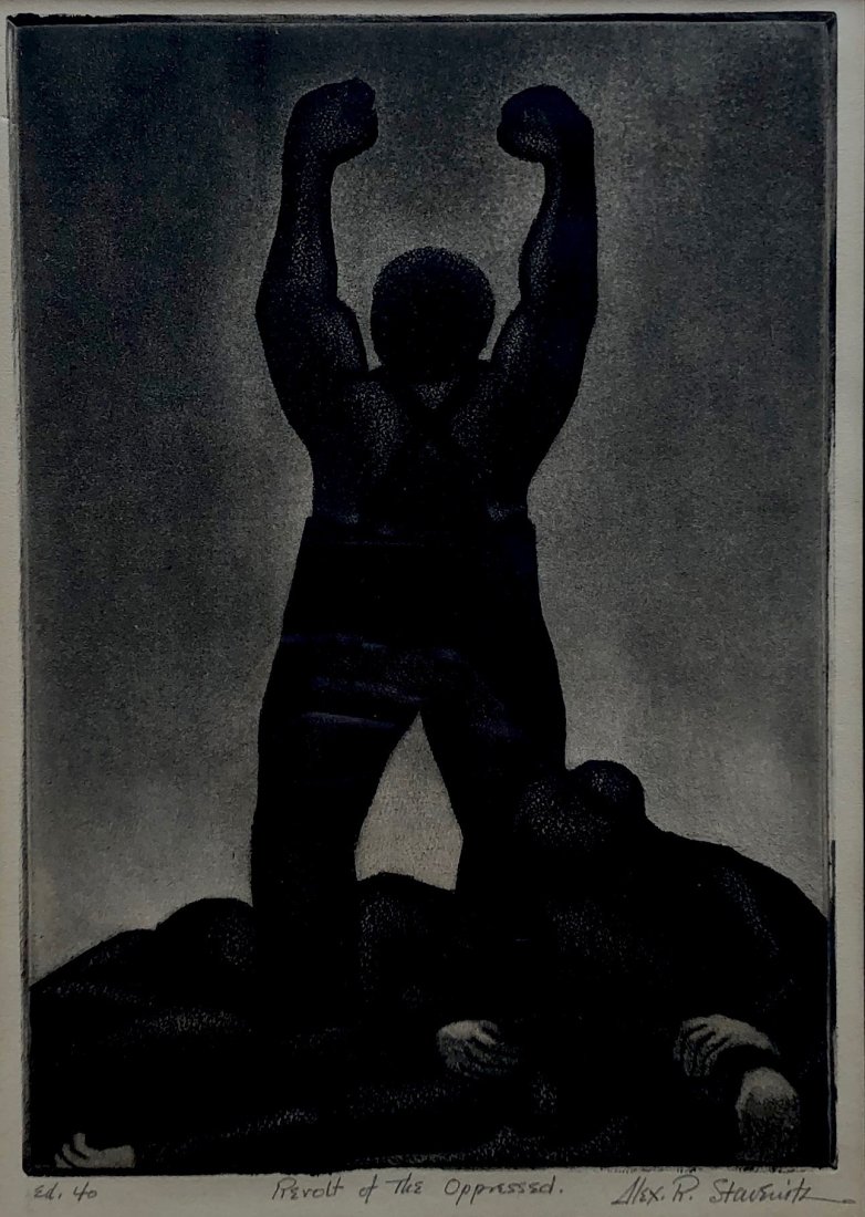 ALEXANDER STAVENITZ (1901-1960, Connecticut) WPA: Pencil signed etching. 10 1/2 x 7 1/2 in. (plate), 22 x 17 1/2 in. (framed). From annexgalleries.com: Alexander Raoul Stavenitz was born in Kiev, Russia on May 31, 1901. He immigrated to the United St