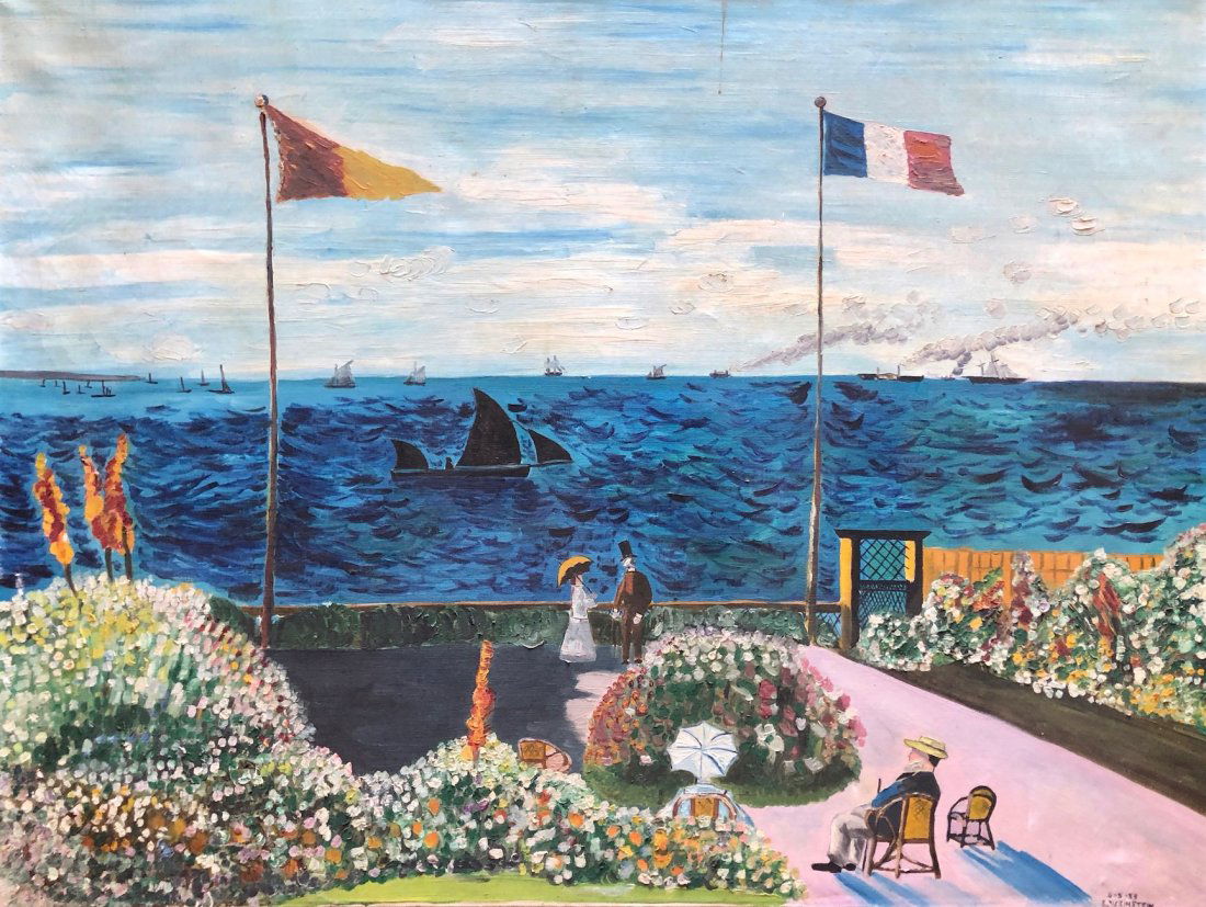 Mid-Century "Garden at Sainte-Adresse" After Monet: A 1950 copy of Monet's famous painting signed Weinstein. Oil on canvas 40 x 30 in.