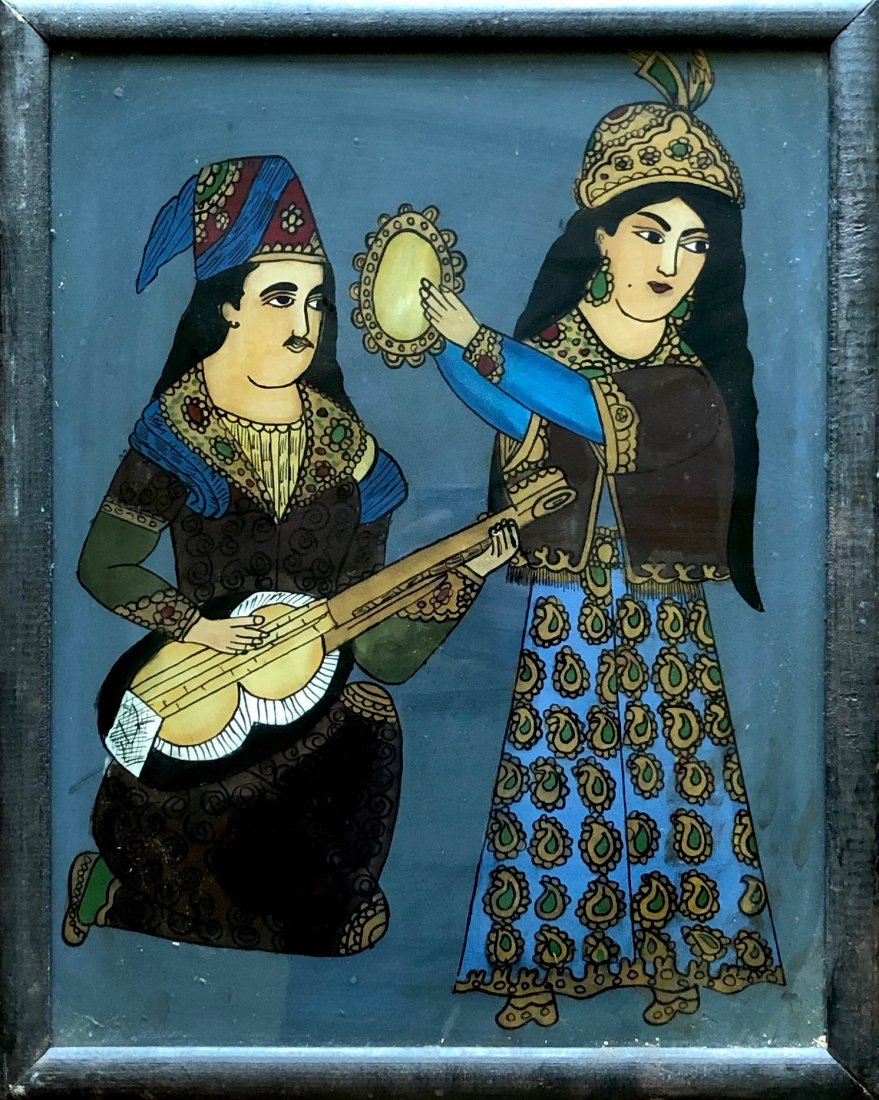 Reverse Painted Middle Eastern Musical Scene: Possibly Turkish. 19 x 15 in.