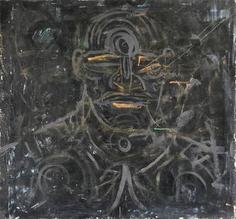 ROBERT LOUGHLIN (1941-2001, New York) Modernist: Oil on canvas 44 x 41 in. His signature face is painted on the back. The following is The New York Times obituary of the artist:Robert Loughlin, Artist and Design Expert, Dies at 62By PAUL VITELLOPubl