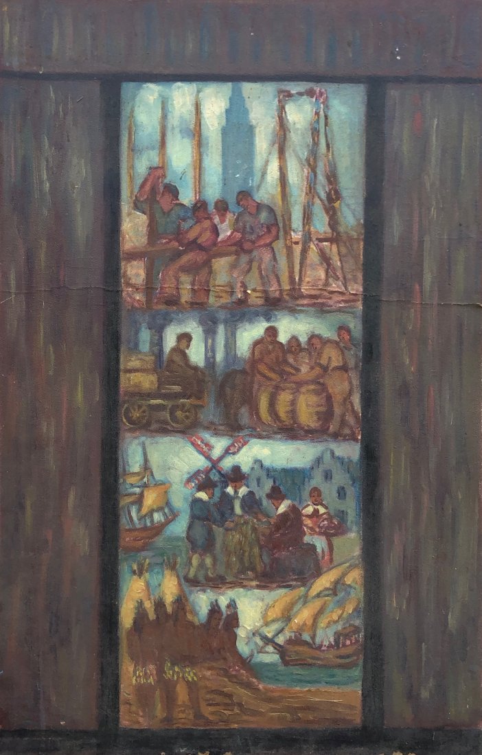 WPA Mural Illustration, Historical Scenes: Oil on academy board 15 1/2 x 12 in., 22 x 19 (board). New York scene with The Empire State Building in the back.