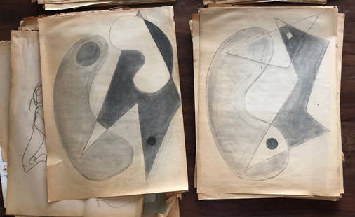 LLYOD NEY (1893-1965, Pennsylvania) Large Portfolio: This portfolio has about 325 renderings. Some are double sided. Most are figural studies with about 5-6 abstracts. Most are done in either charcoal or graphite. There are a few sketch books. The overa