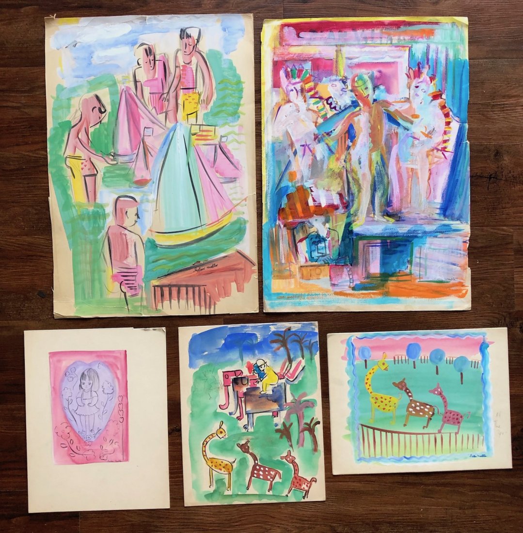 HELEN MALTA (b. 1910, American) Lots Of 5 Works WPA: Mix of watercolor and gouache on paper. Largest size 21 1/2 x 14 1/2 in., Smallest 13 x 10 in. We have a large collection of works by this artist so check our other listings for more. Her works can be