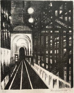 AUGUST MOSCA (1909-2002, Italy) New York Lithograph: Pencil signed edition of 25. 11 1/2 x 9 1/2 in. (image), 16 x 13 1/2 in. (paper). August Mosca was born in Naples, Italy on August 19, 1909. He and his family emigrated to the United States in 1911. H