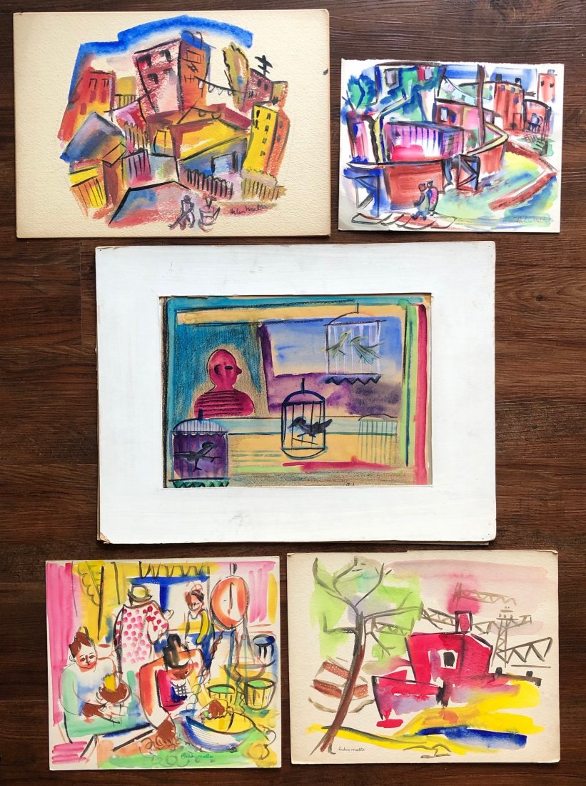 HELEN MALTA (b. 1910, American) Lots Of 5 Works WPA: Mix of watercolor and gouache on paper. Largest size 16 x 11 in., Smallest 11 x 8 1/2 in. We have a large collection of works by this artist so check our other listings for more. Her works can be foun