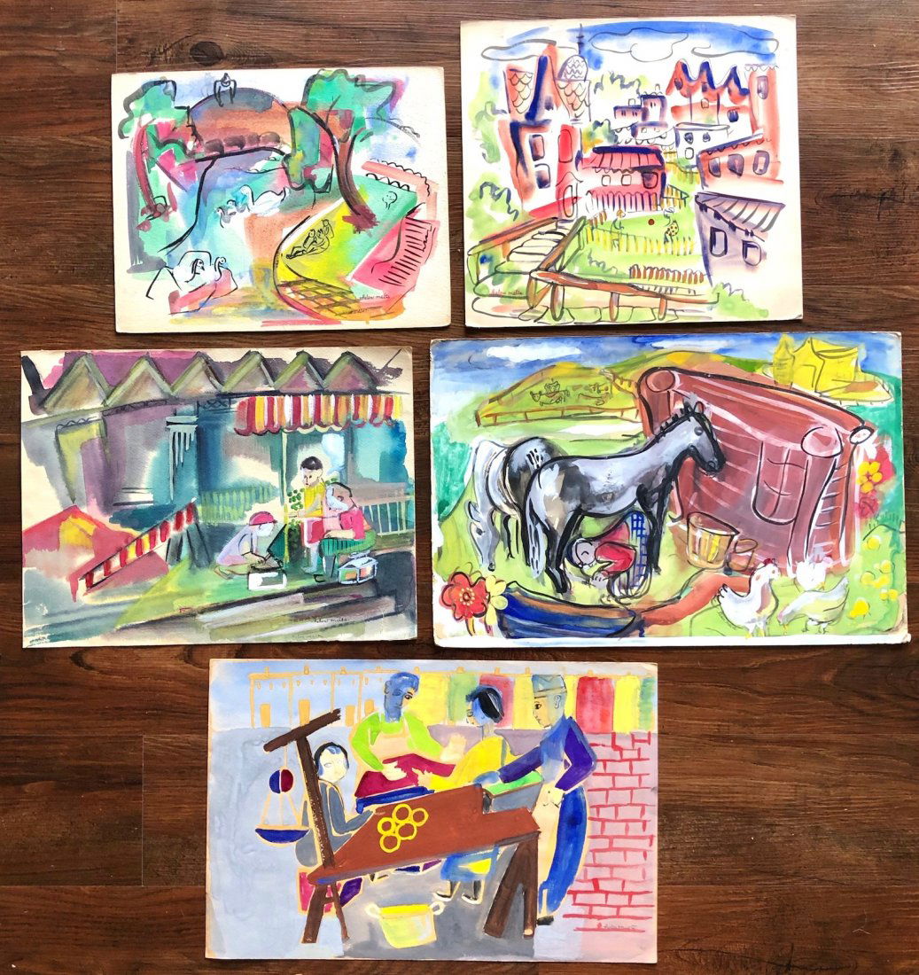 HELEN MALTA (b. 1910, American) Lots Of 5 Works WPA: Mix of watercolor and gouache on paper. Largest size 18 1/2 x 12 1/2 in. We have a large collection of works by this artist so check our other listings for more. Her works can be found at the National