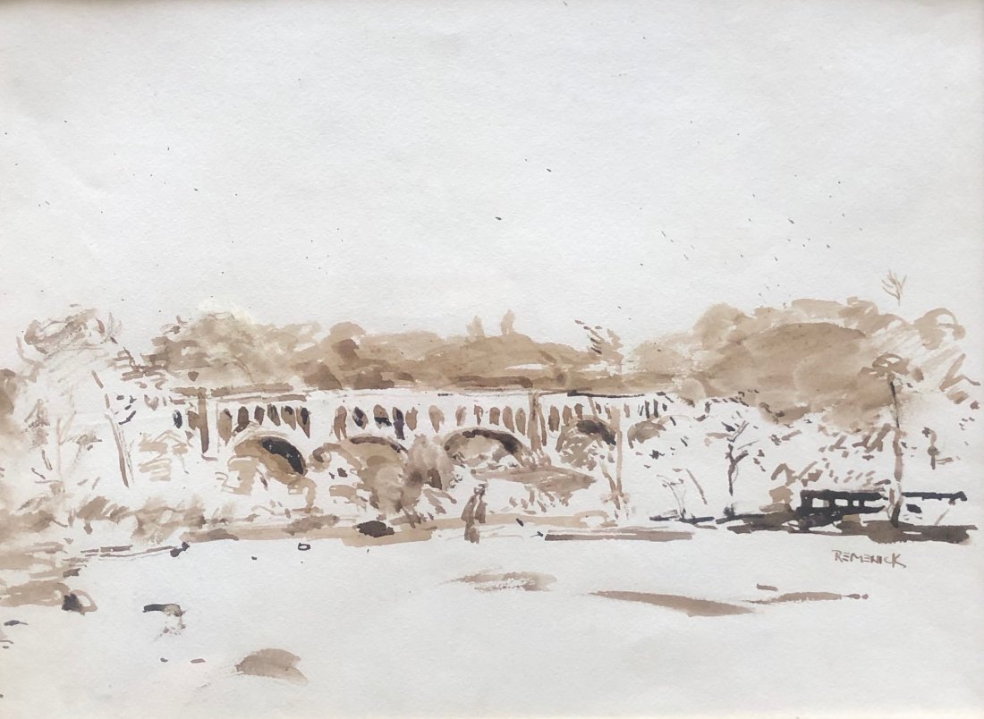 SEYMOUR REMENICK (1923-1999, Philadelphia) Bridge: Impressionist watercolor. 11 1/8 x 8 1/2 in. (sight).13 1/2 x 16 1/2 in. (matting). A Philadelphia oil painter, Seymour Remenick has painted in styles embodying both abstraction and realism, and it is