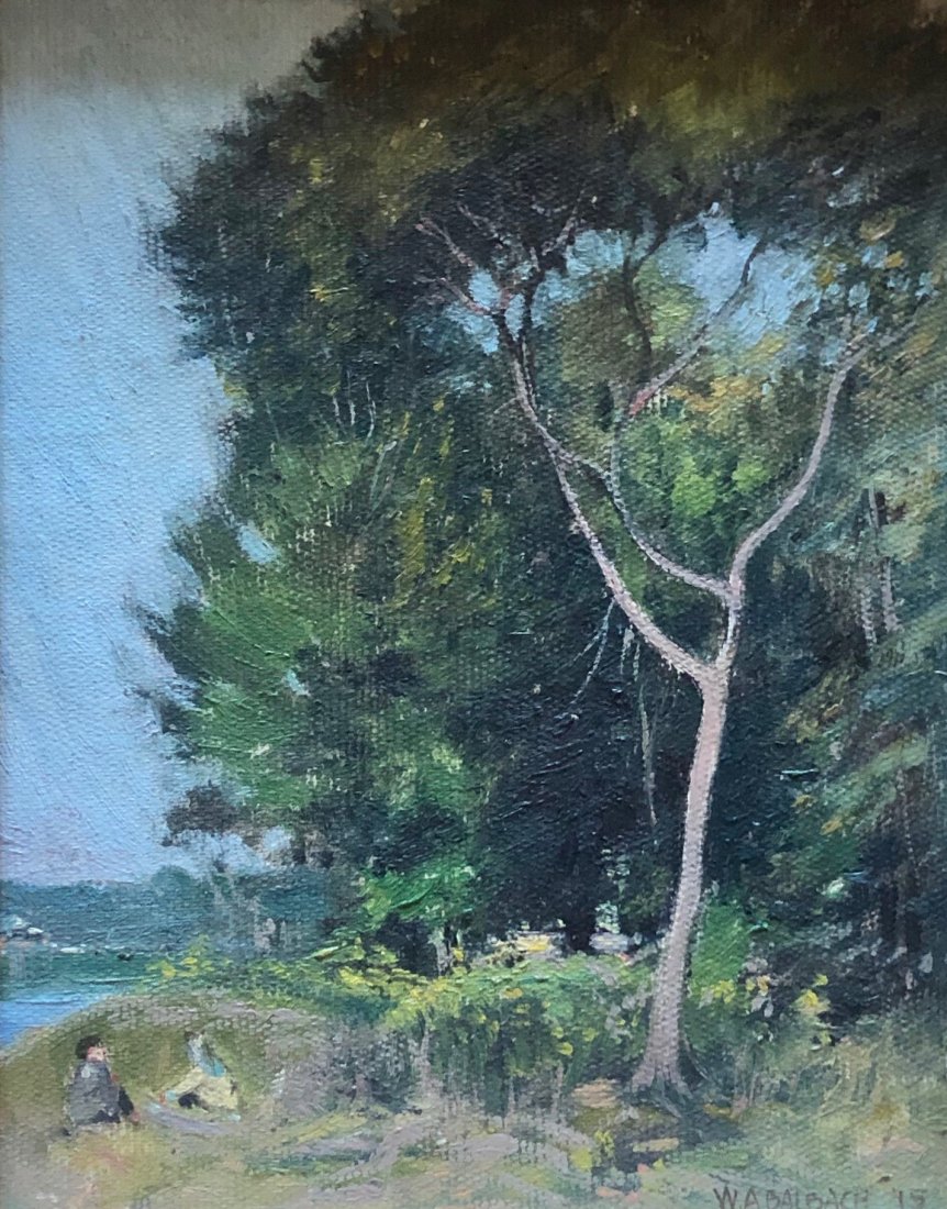 Impressionist Figures In Landscape, Signed: Oil on board 9 x 7 in., 11 1/2 x 9 3/4 in.