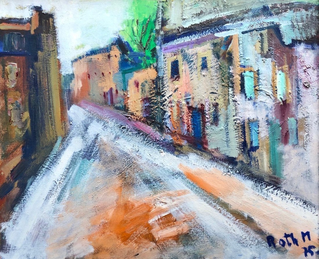Modernist European Street Scene, Illegible Signature: Oil on canvas 24 x 20 in. (canvas), 27 x 23 in. (framed). Roth?