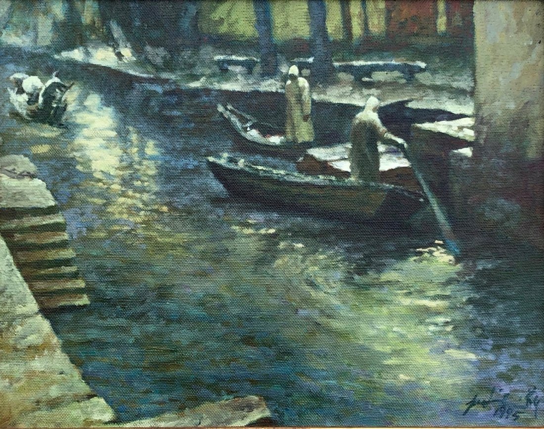 Impressionist Canal Scene Illegible Signature: Oil on canvas dated 1995 14 x 11 in., 18 x 14 1/2 in. (framed)