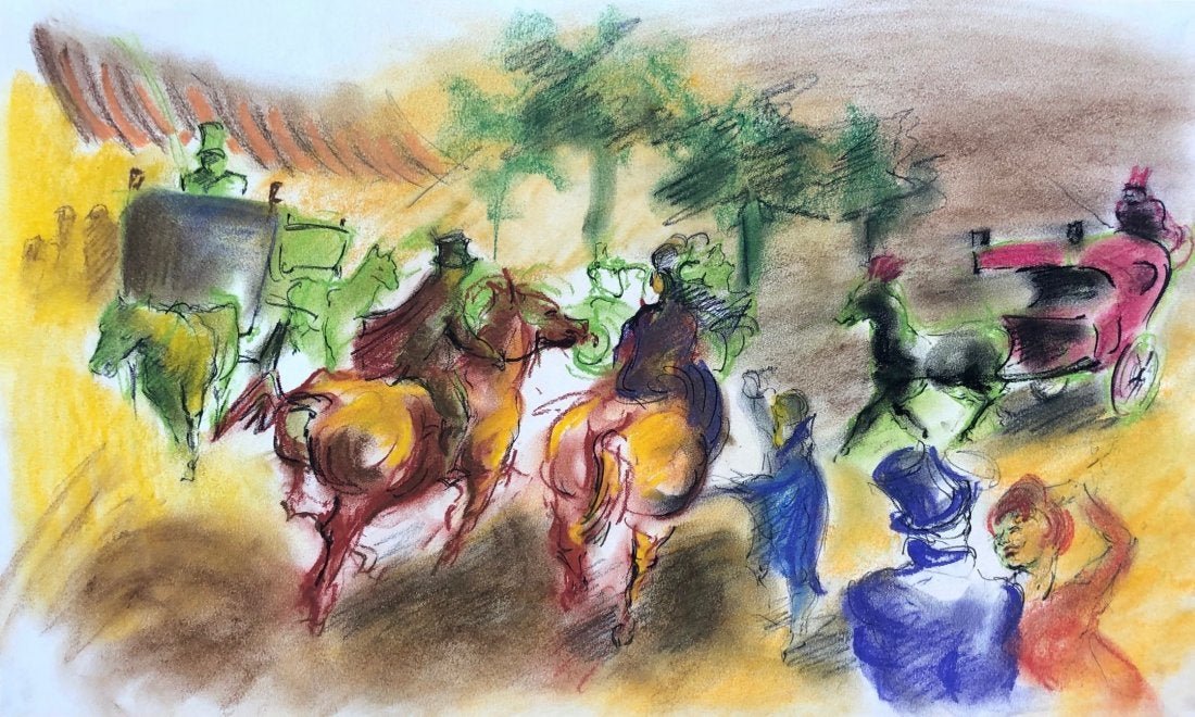 JAMES LANDGRAF (American, 20th C. WPA) Carriage Scene: Pastel on paper. 20 x 12 in. Unsigned