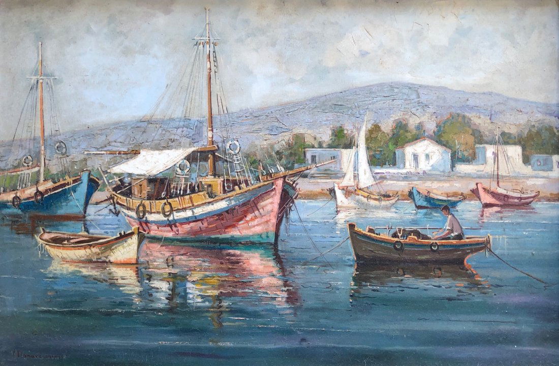 Impressionist Greek Harbor Scene, Illegible Signature (1 of 5)