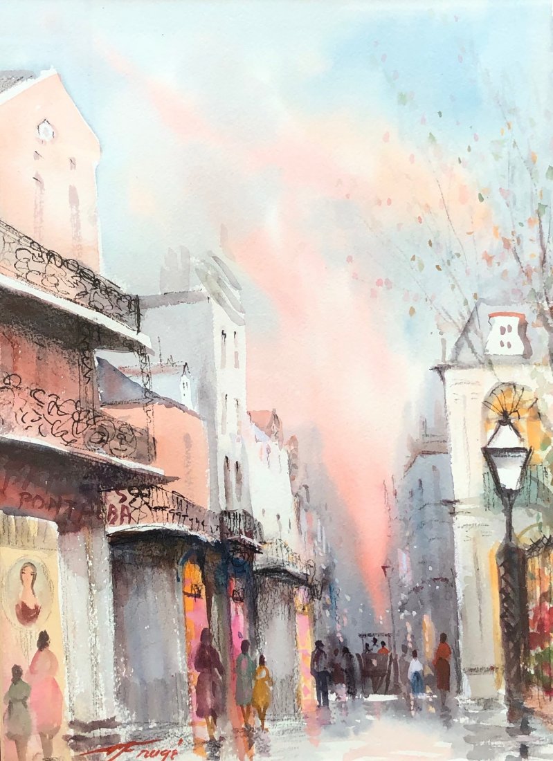 NESTOR FRUGE (1916-2012, New Orleans) French Quarter: Watercolor on paper 14 1/2 x 10 1/2 in. (sight), 21 1/2 x 17 1/2 in. (framed). From Brian Joffrion:"The following is from a flyer attached to paintings purchased by my grandmother in the 1970's."NESTO
