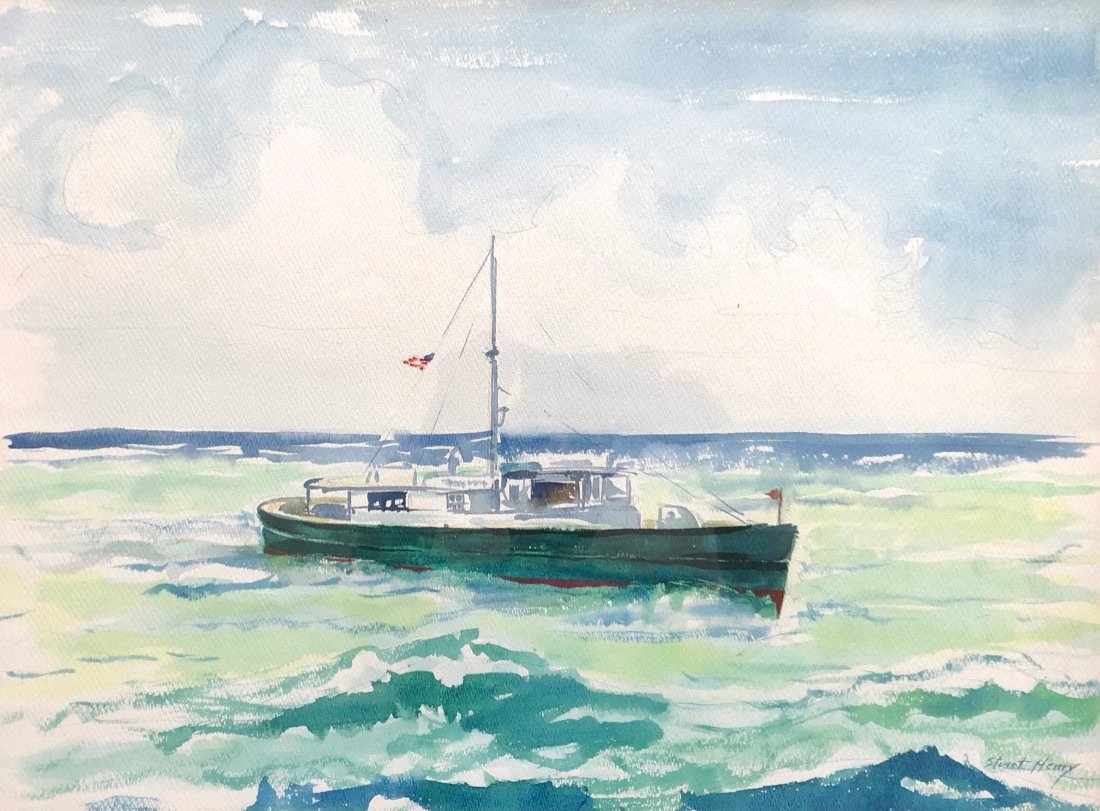 STUART HENRY (1906-1991, Massachusetts) Yacht At Sea: Watercolor on paper 23 x 17 in. (sight), 28 x 22 in. (framed). "Day 71: Stuart C. Henry"By Brian Sullivan, Berkshire Eagle Staff,Pittsfield, MassachusettsPosted: 03/12/2011For Stuart C. Henry, the Ber
