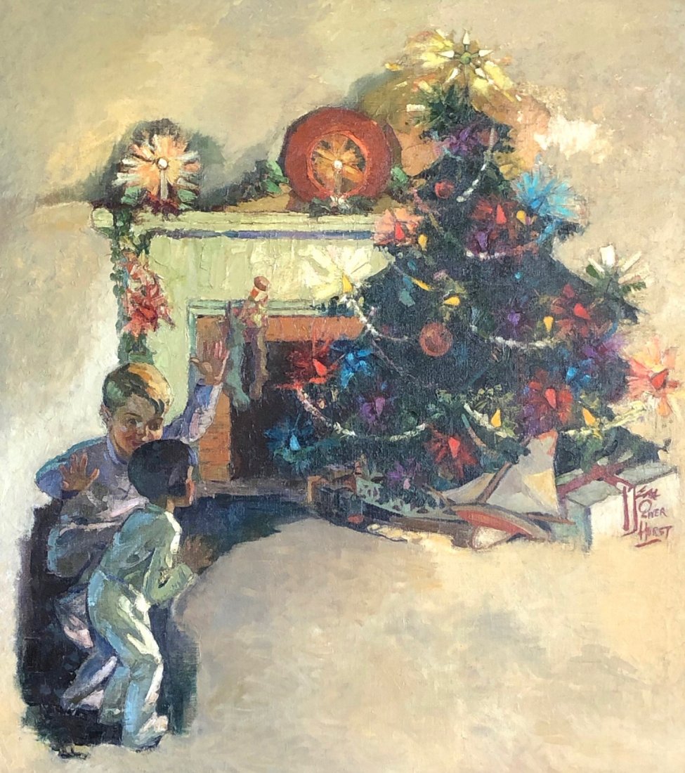 EARL OLIVER HURST (1895-1958, Cleveland) Christmas: Illustration. A gift for "Joseph Block". Great scene of children around the tree Christmas morning. Oil on canvas 47 x 42 in., 51 1/2 x 47 in. (framed). Cleveland gallery label verso, From americanart