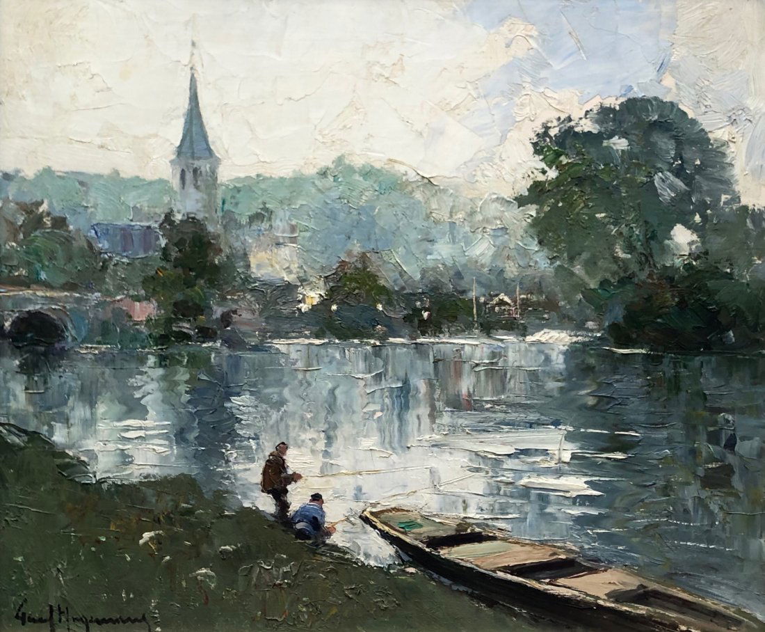 Impressionist Landscape Fishermen Illegible Signature (1 of 5)