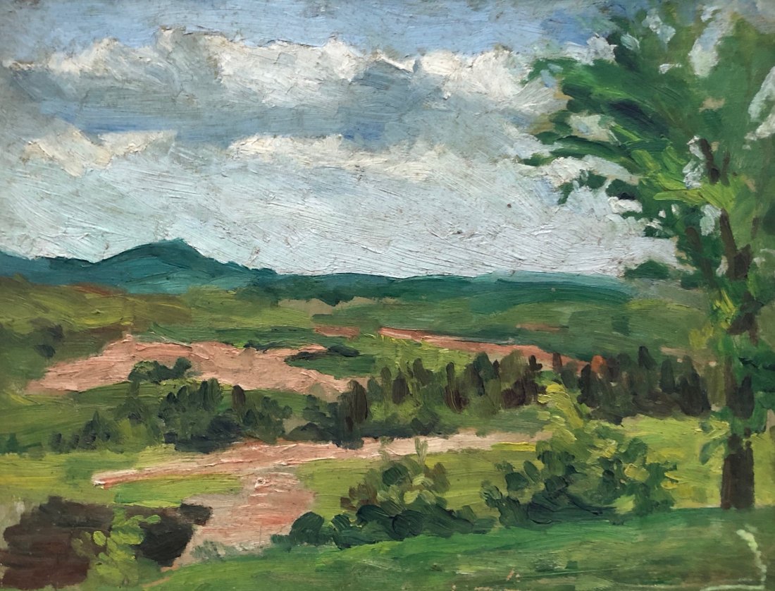 Impressionist Landscape Of Sweetsburg Quebec, Unsigned: Dated 1916. Oil on board 13 x 10 in., 20 1/2 x 16 1/2 in. (framed).