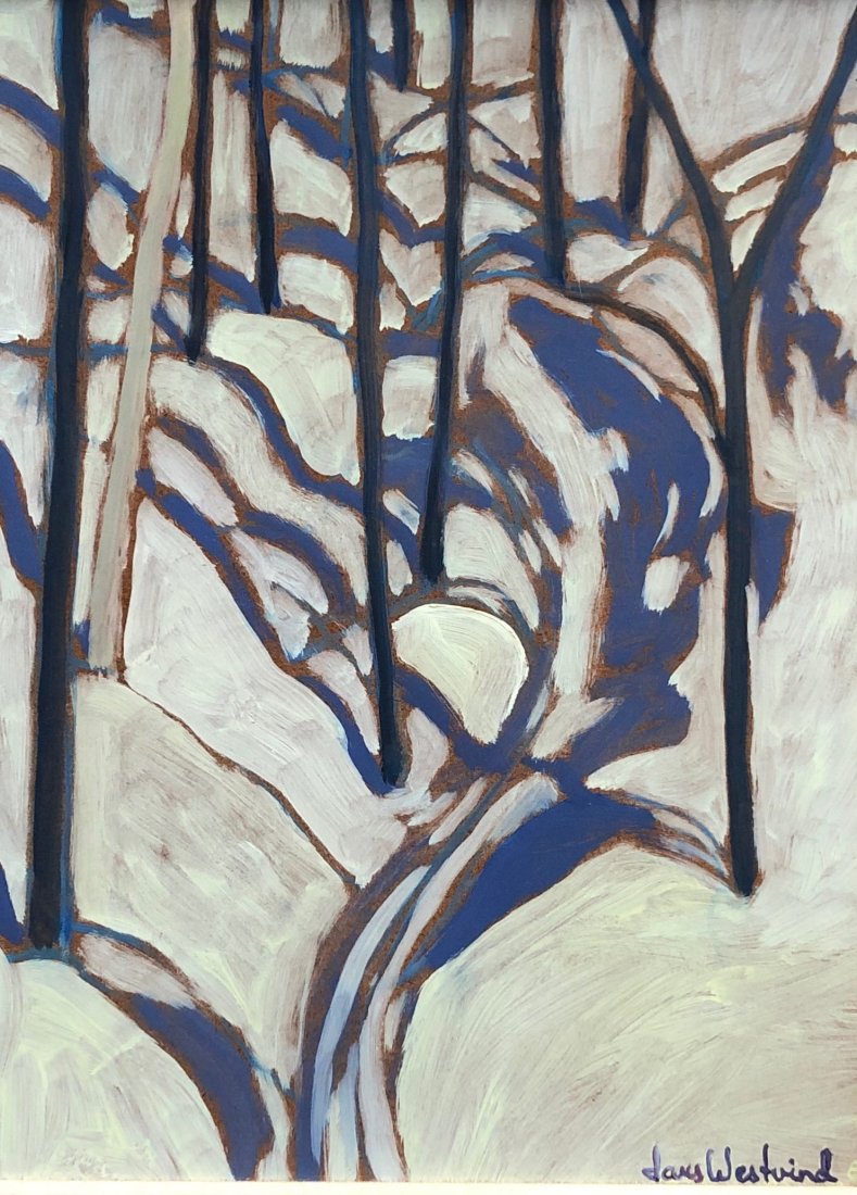 LARS WESTVIND (b. 1942, Sweden) Winter Landscape: "Shadows 1982" Oil on masonite 16 x 12 in., 21 1/2 x 17 3/4 in. (framed)