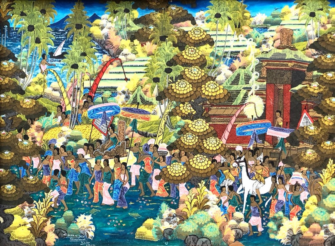 Indonesian Folk Art Painting, Signed: Oil on canvas 31 1/2 x 23 1/2 in., 32 1/2 x 24 1/2 in. (framed)