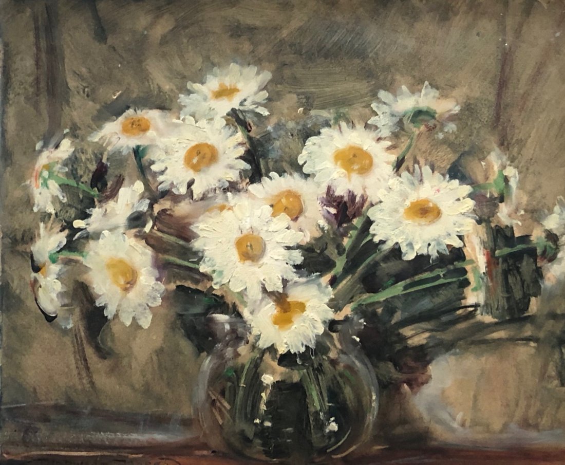THORWALD PROBST (1886-1948, California) Daisies: Oil on board 18 x 15 in., 23 x 20 in. (frame). Los Angeles gallery sticker on the back. Born in Warrensburg, Missouri, Thorwald Probst was a painter and illustrator in pen and ink who, as a member of 
