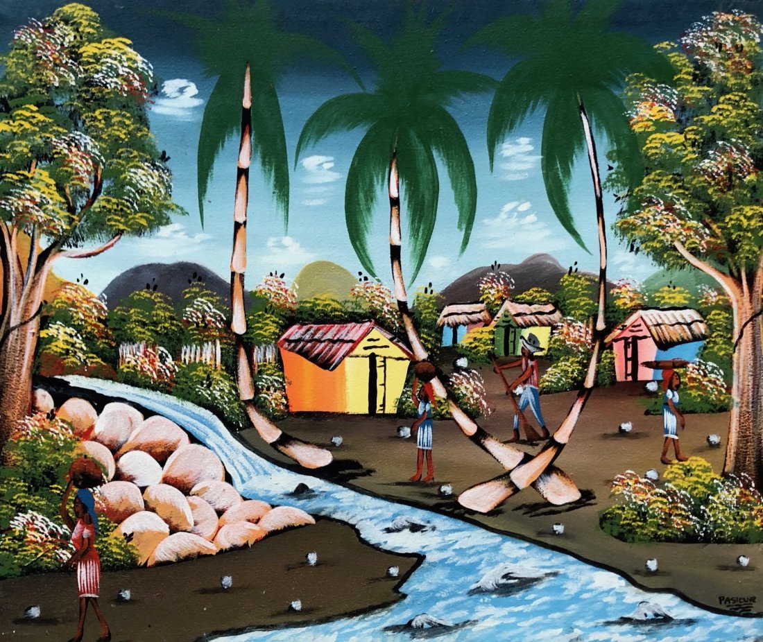 Naive Haitian Village Scene Signed Pasicur: Haitian folk art. Oil on canvas 24 x 20 in.