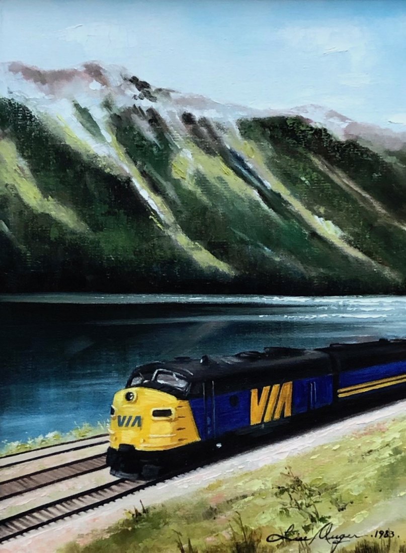 LISE AUGER (b. 1945, Canada) Train: "Train via dans les Rocheuses". Oil on canvas 16 x 12 in., 24 1/4 x 20 1/4 in. (framed).