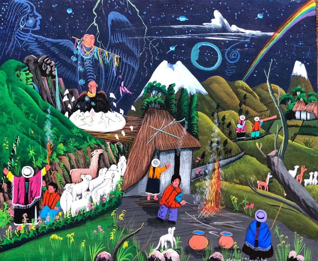 Mexican Folk Art Dreamcatcher Theme, Signed: Manuel Ilaquiche. Oil on hyde. 11 3/4 x 9 3/4 in.