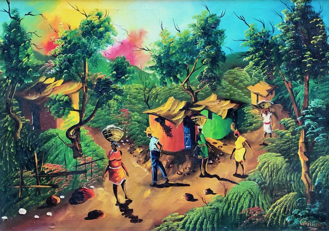Impressionist Haitian Village Scene Signed Graford: Oil on canvas 30 x 22 in., 32 1/2 x 14 1/2 in. (framed)