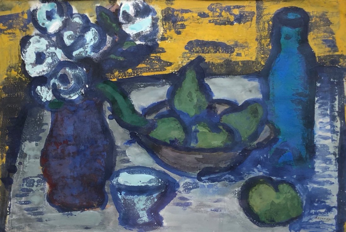 AMEDEE CORTIER (1921-1976, Belgium) Still Life: Acrylic on paper 21 x 14 1/4 in. (sight), 27 3/4 x 21 in. (framed). Signed. Gallery label verso.