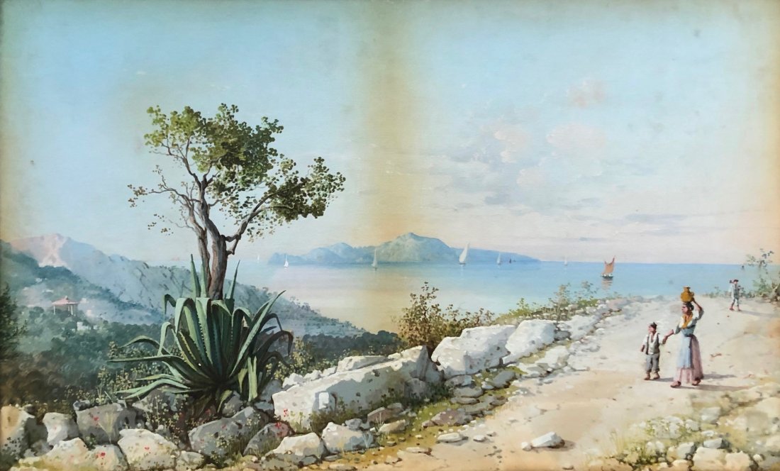 19th Century Italian Amalfi Coast Landscape: Gouache on paper 20 x 12 1/2 in., 22 1/2 x 15 in. (framedI