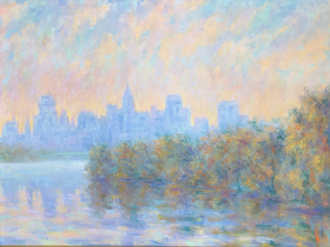 Large Impressionist Skyline View Of Philadelphia, PA: Unsigned oil on canvas 48 x 36 in.