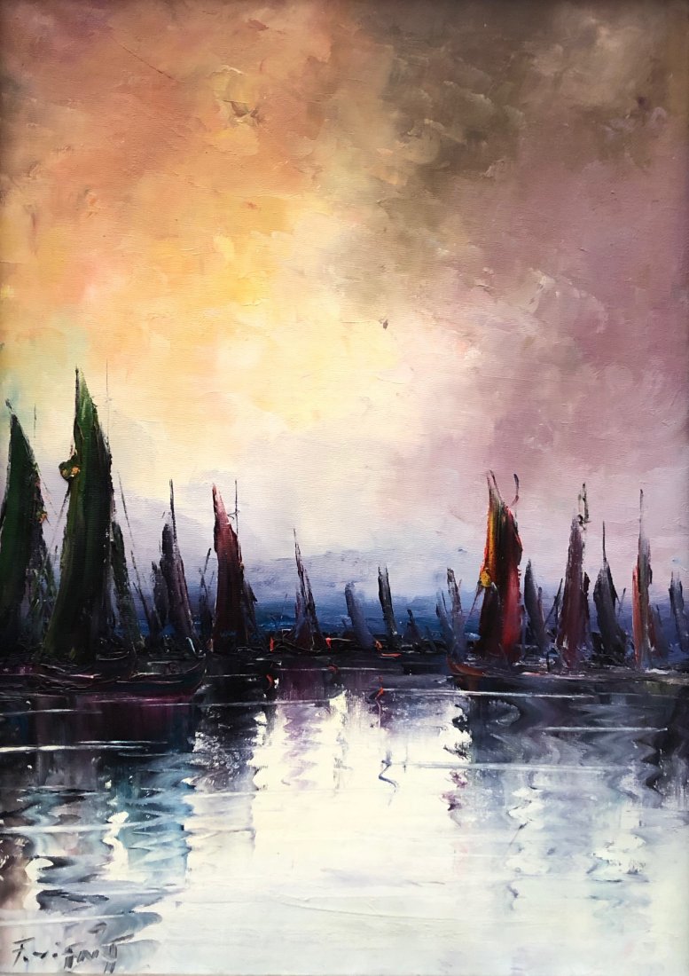 Sailboats In The Harbor At Dusk, Illegible Signature: Oil on canvas 27 1/2 x 19 1/2 in., 29 x 21 in. (framed)