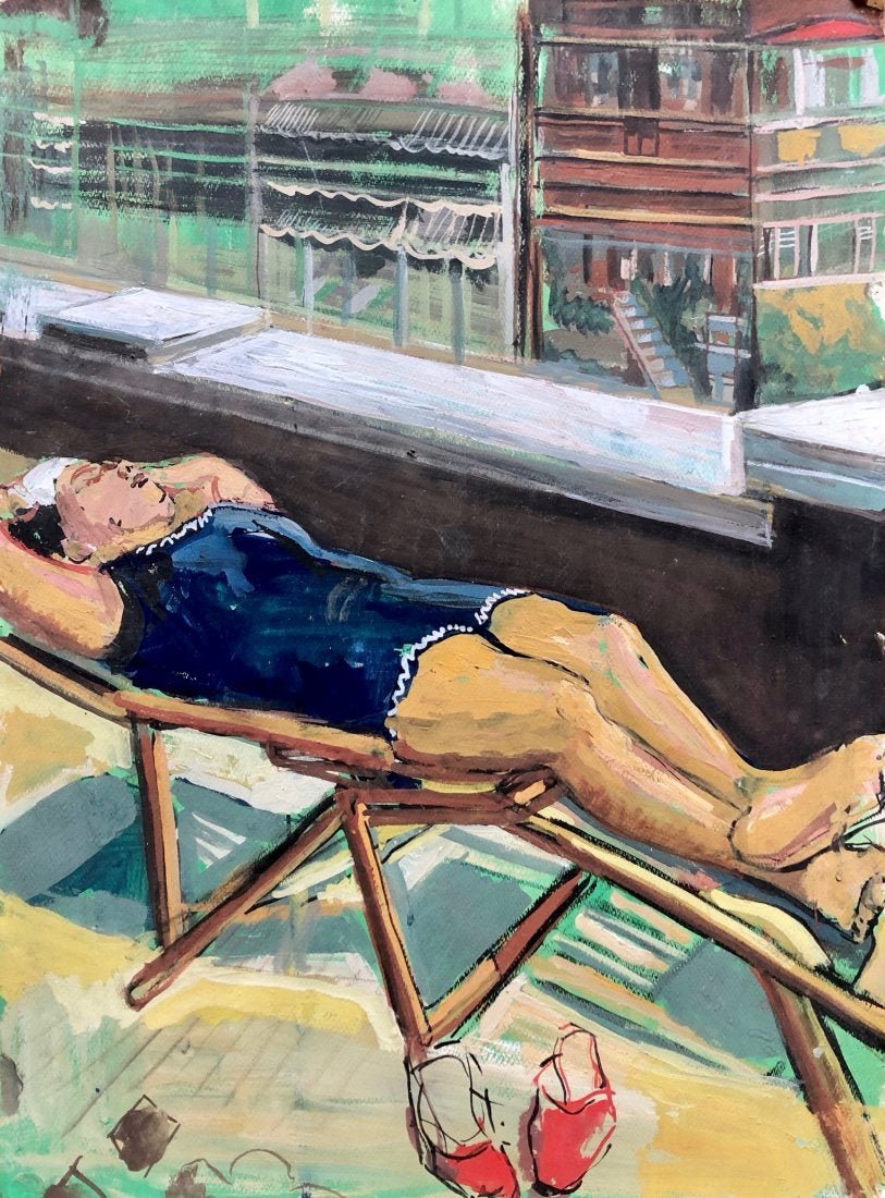 ELENA MARIA DE HELLEBRANTH (20 c, American) Beach: Most likely and Atlantic City scene as the artist lived in Ventnor. Tempura on paper 30 x 22 in. From the artist's estate. Unsigned