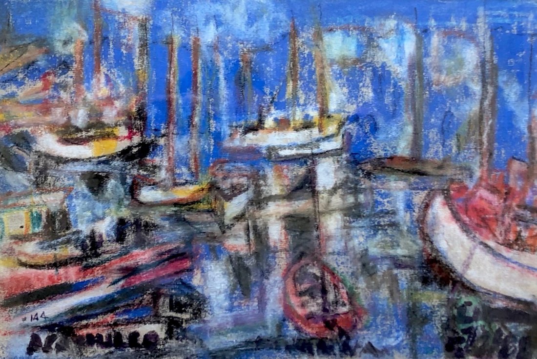 Impressionist Pastel Harbor Scene Illegible Signture: Pastel on paper 8 x 10 in.