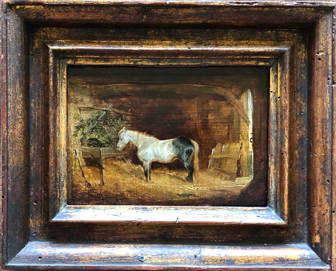 19th Century Oil Painting Horse In Stable: Oil on wood 7 x 4 1/2 in., 10 1/2 x 8 1/4 in.