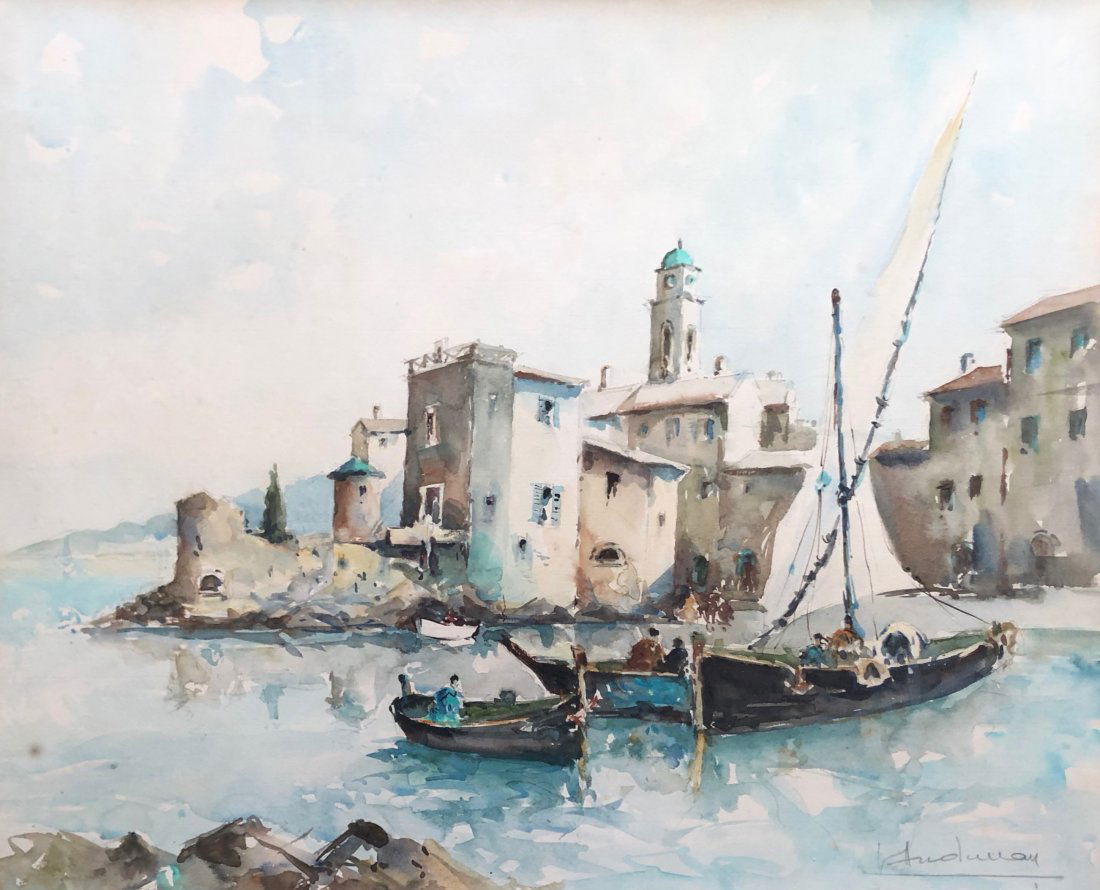Italian Watercolor Harbor Scene, Illegible Signature (1 of 4)