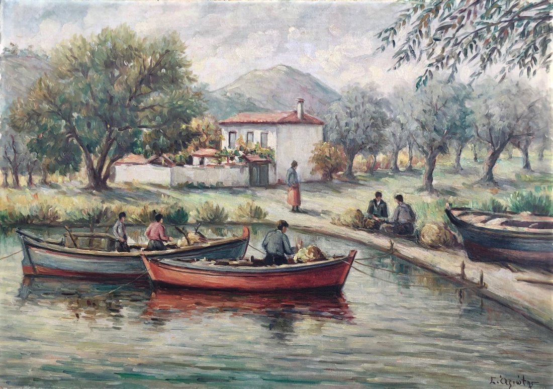 STRATIS AXIOTIS (1904-1994, Greece) Fishermen: He studied painting at the School of Fine Arts under Argyros Oumvertos, S. Vikatos and G. Kefallinos from 1929 to 1935. His themes revolve around the sea life, ports and fishermen. Oil on canvas. Writ