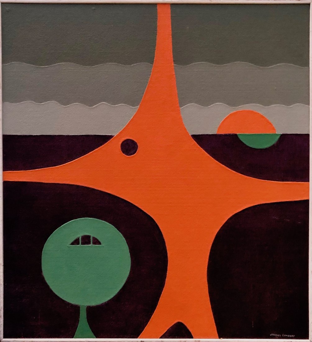 JACQUES LAMBERT (20th c., Quebec) Hard Edge Abstract: Oil on board 24 1/2 x 22 1/2 in. (including frame)