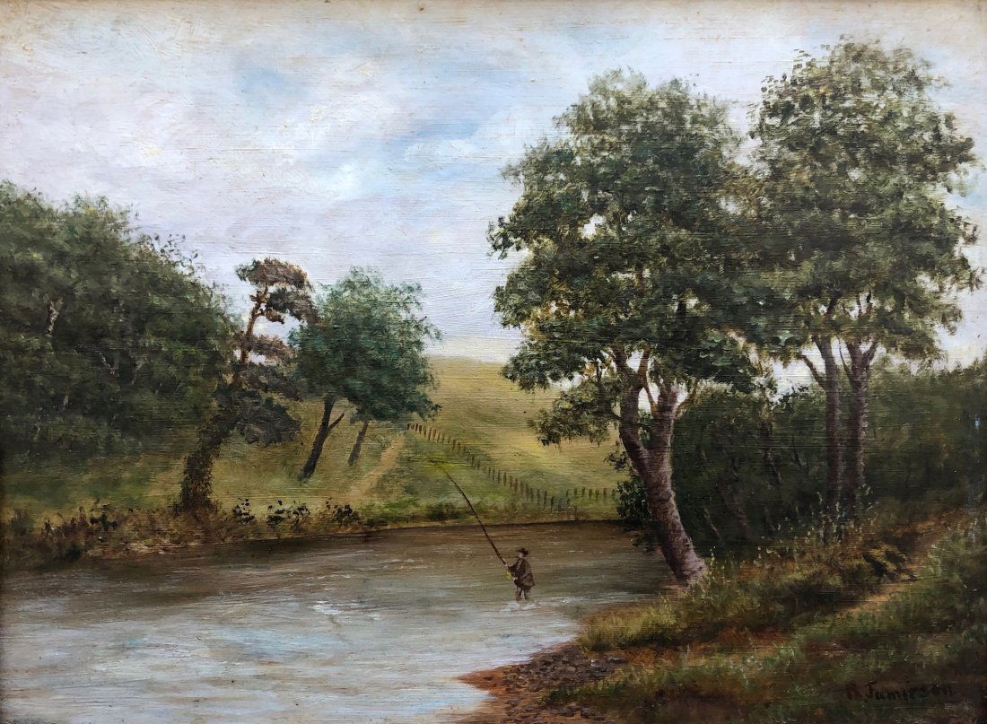 FRANCIS E. JAMIESON (1895-1950, UK) FIsherman: Fisherman in landscape. Oil on board 16 x 12 in., 22 1/4 x 18 1/4 in. (framed). From askart.com: Francis E Jamieson1895 - 1950, fl 1910-1950Francis E Jamieson was an English painter who, after a holid