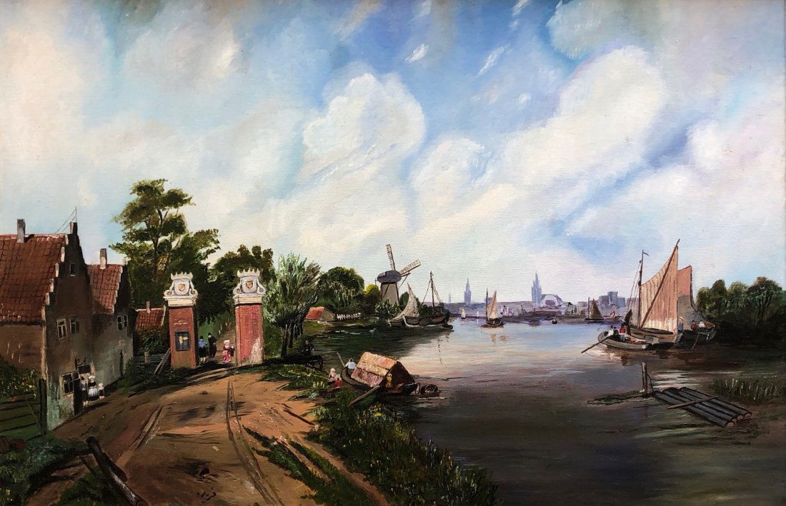 Impressionist Dutch Harbor Scene, Unsigned (1 of 3)