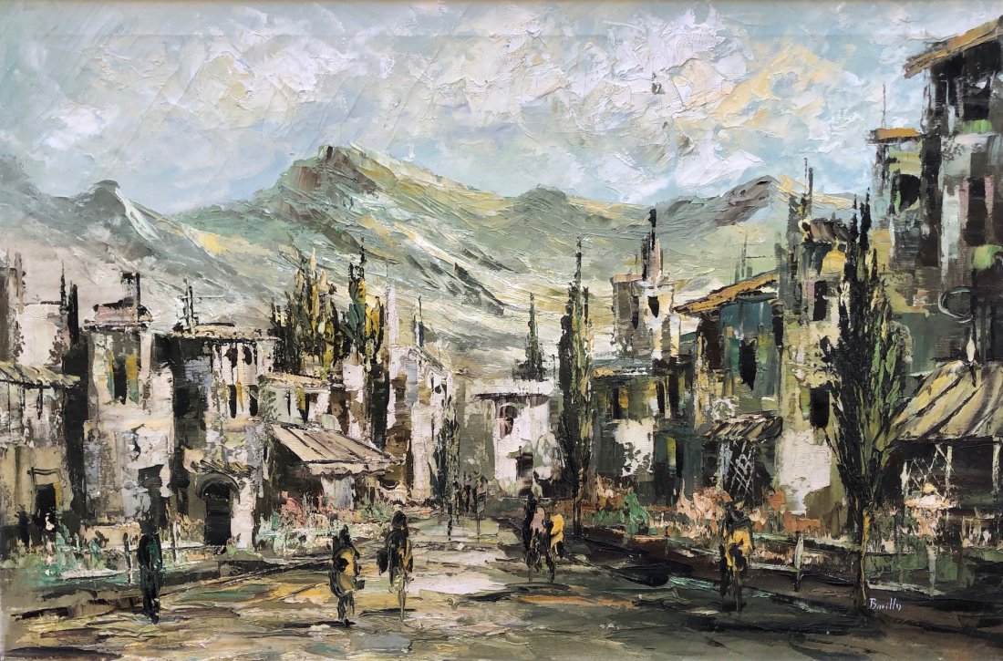 Impressionist Spanish Mountain Village Scene, Signed: Signed Barillo? Oil on canvas 36 x 24 in., 42 x 30 in. (framed)