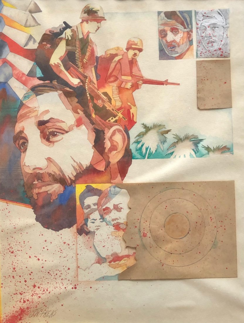 Vietnam War Memoir Mixed Media, Signed JW Freas: Watercolor and collage 16 1/2 x 12 1/2 in. (sight), 23 1/4 x 18 1/4 in. (framed)