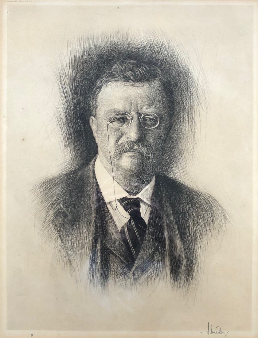 Otto J Schneider, Theodore Roosevelt Signed Etching: Pencil signed Schneider. 16 x 12 in., 23 1/4 x 19 1/2 in. (framed)